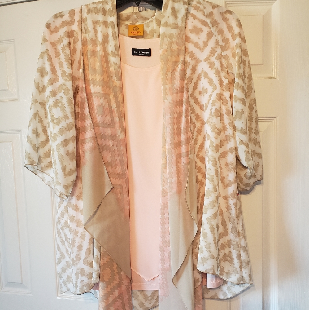 Ruby Rd Kimono Cardigan. I.N. Studio Top 3X. Shell Pink.